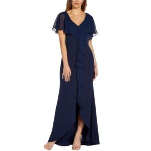 Adrianna Papell Chiffon and Crepe Cascade Mermaid Gown - Navy